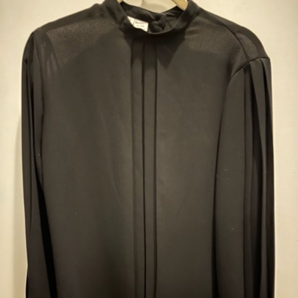 Christian Dior Black Sheer Blouse with Pleated Front & Sleeve, Button Back Sz 6
